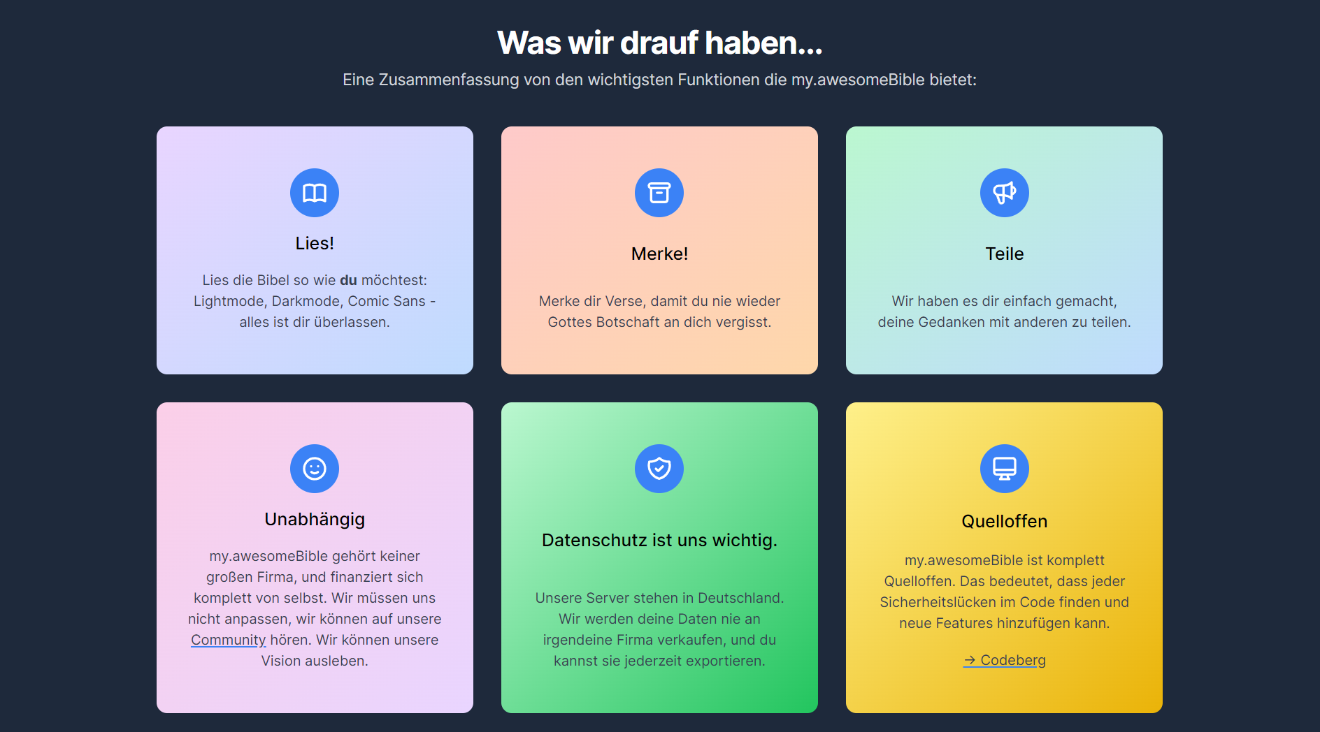 Die Featureübersicht im Darkmode